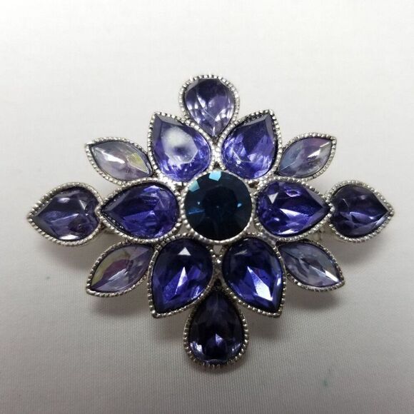 Vintage Liz Claiborne Blue Purple Rhinestone Cluster Starburst Brooch, Estate - Picture 6 of 7